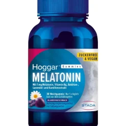 Hoggar® Melatonin Gummies: Angenehm schneller einschlafen. Weichgummis mit Blaubeergeschmack.1 mg Melatonin, Vitamin B6, Baldrian-, Lavendel- und Kamillenextrakt.| Online