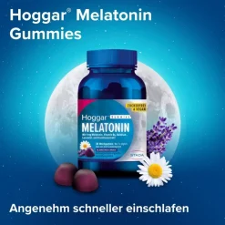 Hoggar® Melatonin Gummies: Angenehm schneller einschlafen. Weichgummis mit Blaubeergeschmack.1 mg Melatonin, Vitamin B6, Baldrian-, Lavendel- und Kamillenextrakt.| Online