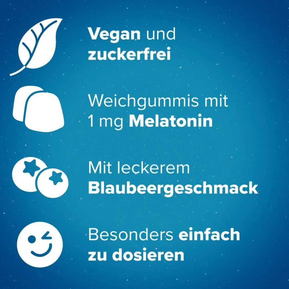 Hoggar® Melatonin Gummies: Angenehm schneller einschlafen. Weichgummis mit Blaubeergeschmack.1 mg Melatonin, Vitamin B6, Baldrian-, Lavendel- und Kamillenextrakt.| Online