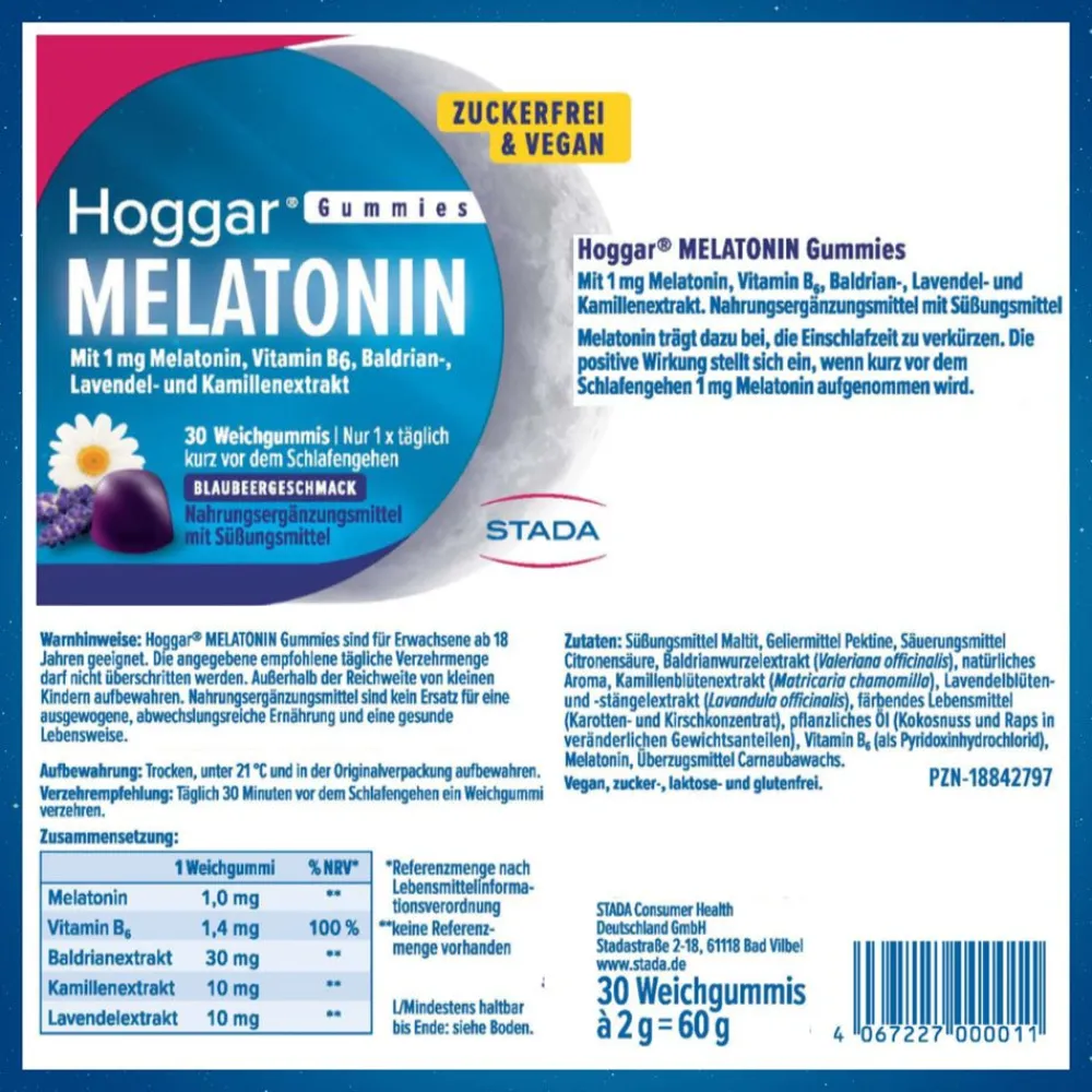Hoggar® Melatonin Gummies: Angenehm schneller einschlafen. Weichgummis mit Blaubeergeschmack.1 mg Melatonin, Vitamin B6, Baldrian-, Lavendel- und Kamillenextrakt.| Online