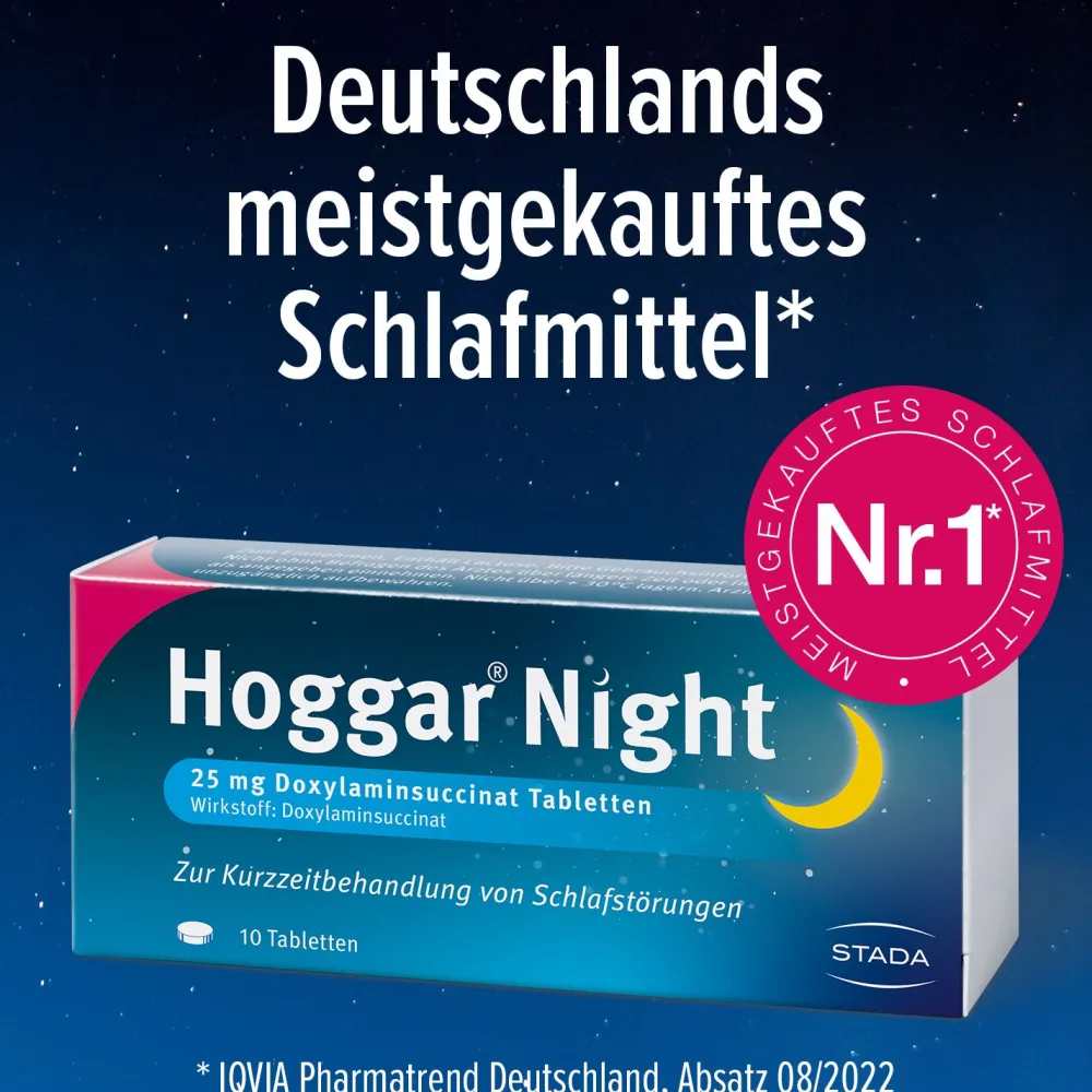 Hoggar® Night Tabletten: Nicht nur einschlafen, sondern durchschlafen. 25 mg Doxylaminsuccinat Schlaftabletten für die Kurzzeitbehandlung von akuten Schlafstörungen|Hoggar Night Discount