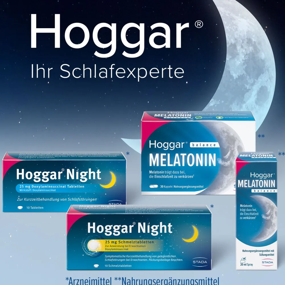 Hoggar® Night Tabletten: Nicht nur einschlafen, sondern durchschlafen. 25 mg Doxylaminsuccinat Schlaftabletten für die Kurzzeitbehandlung von akuten Schlafstörungen|Hoggar Night Discount