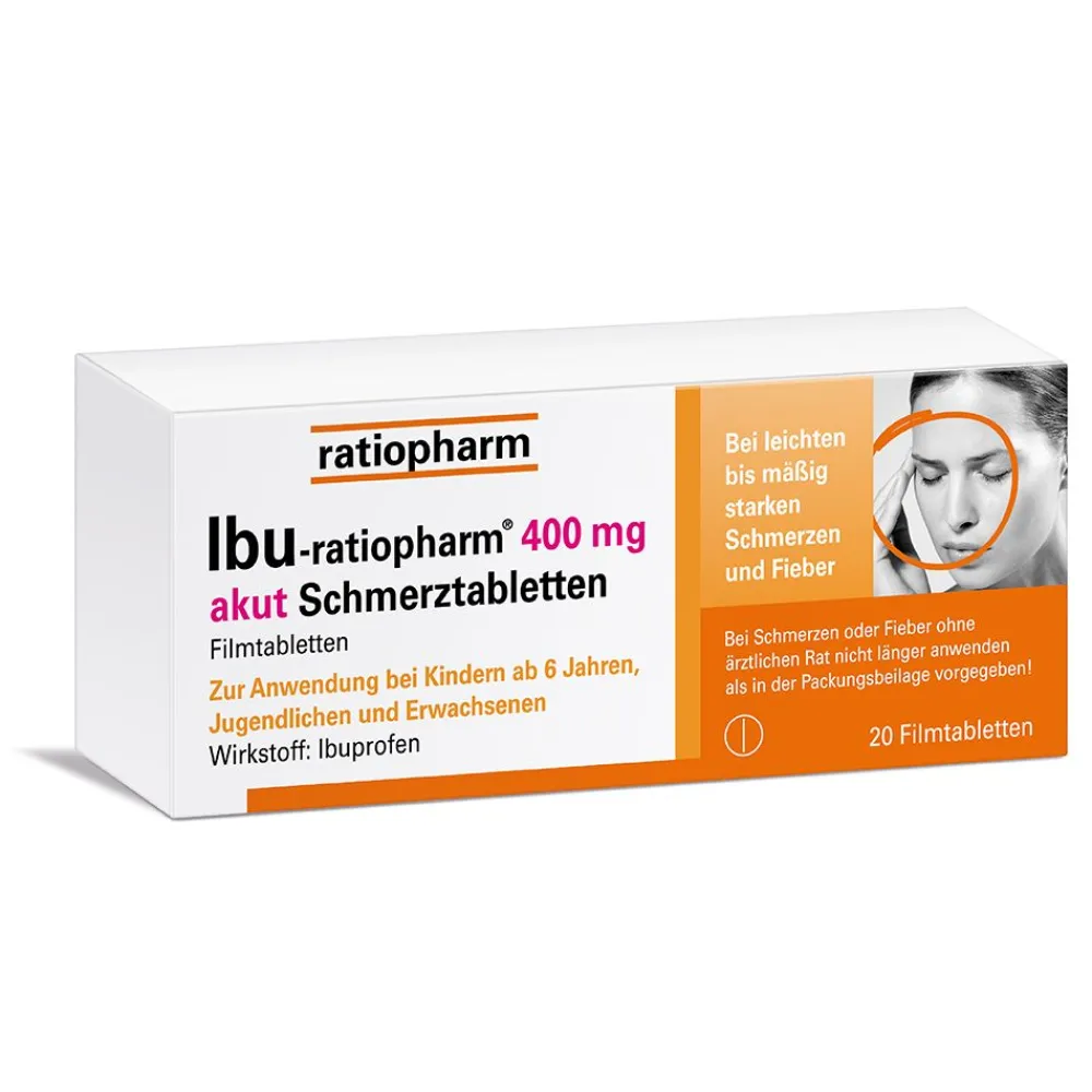 Ibu-ratiopharm® 400 mg akut Schmerztabletten mit dem Wirkstoff Ibuprofen zur effektiven Behandlung von akuten Schmerzen>IBU ratiopharm Discount