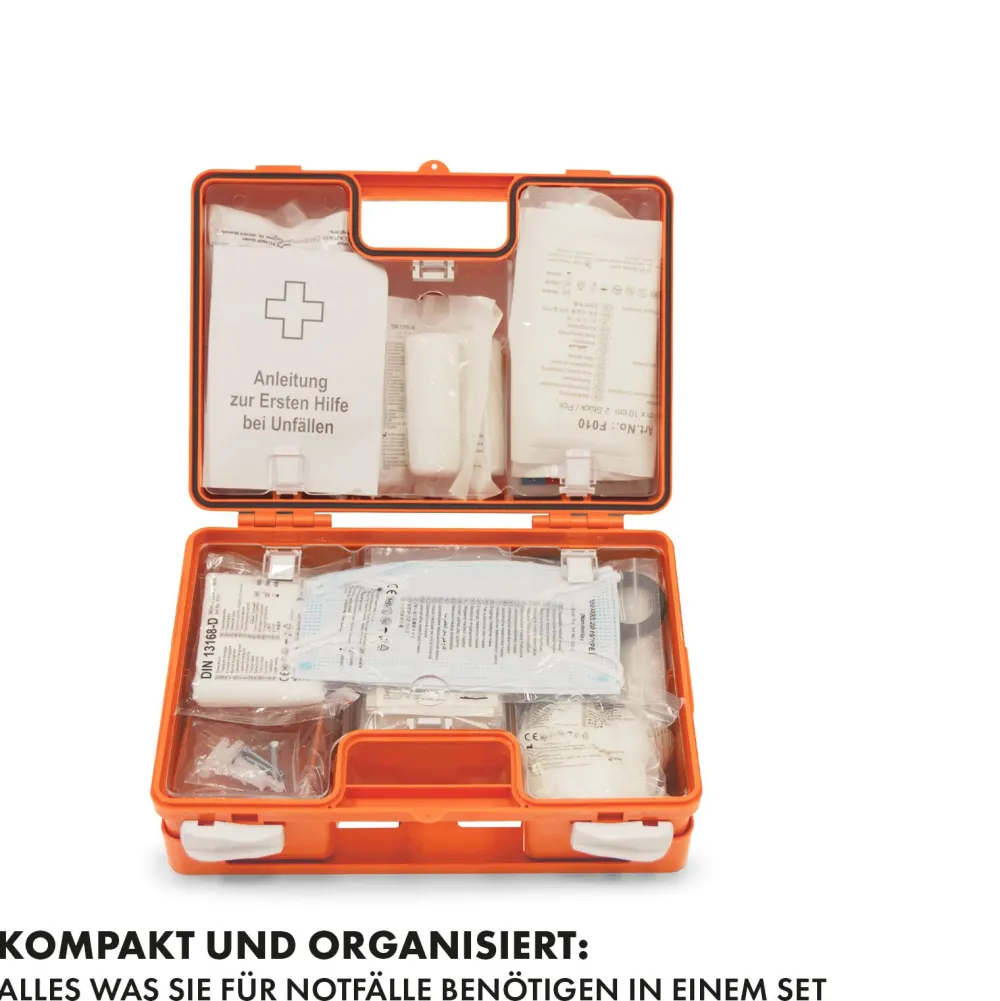 Erste-Hilfe-Koffer Klein DIN 13157 für kleine Betriebe - Mit Wandhalterung und 90° Stopper|KARAT Online