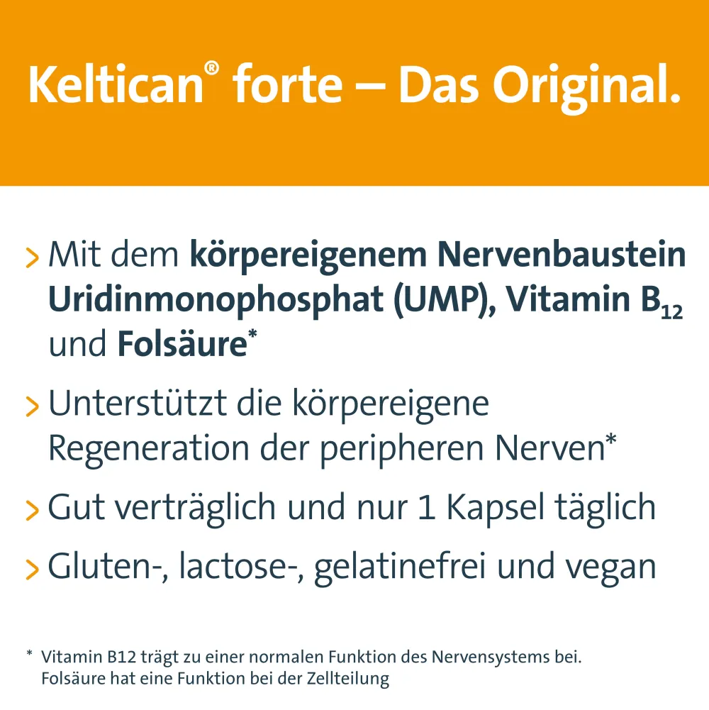 Keltican® forte Kapseln mit Uridinmonophosphat (UMP), Vitamin B12 und Folsäure zur Unterstützung der Nervenregeneration - Jetzt 10% mit dem Code dermapharm10 sparen*|Keltican forte Hot