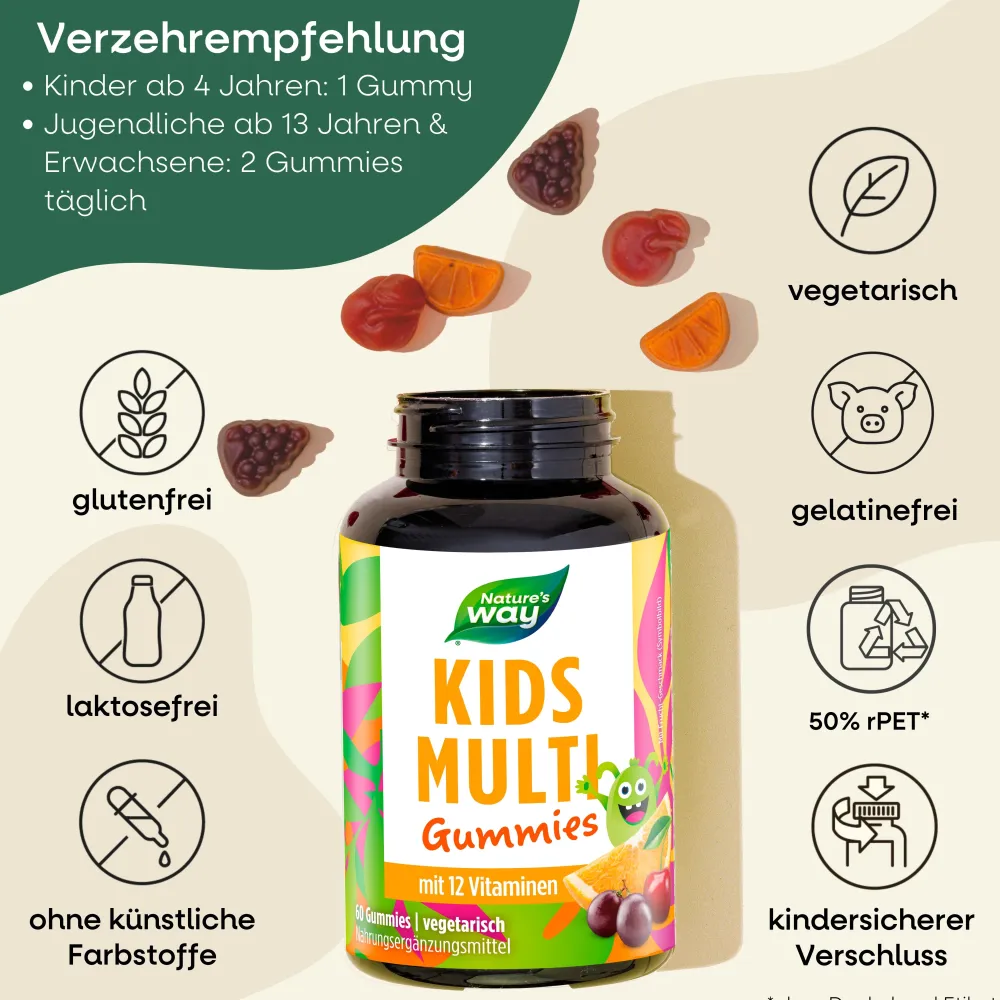 Kids Multi Gummies I Multivitamin für Kinder ab 4 Jahren I 14 Nährstoffe I Orangen-, Trauben-, Ki...>Nature's way