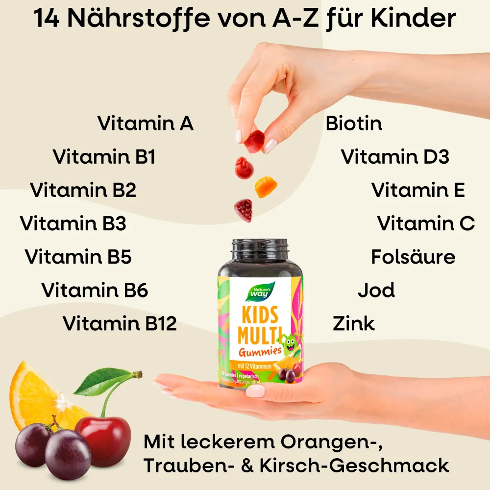 Kids Multi Gummies I Multivitamin für Kinder ab 4 Jahren I 14 Nährstoffe I Orangen-, Trauben-, Ki...>Nature's way