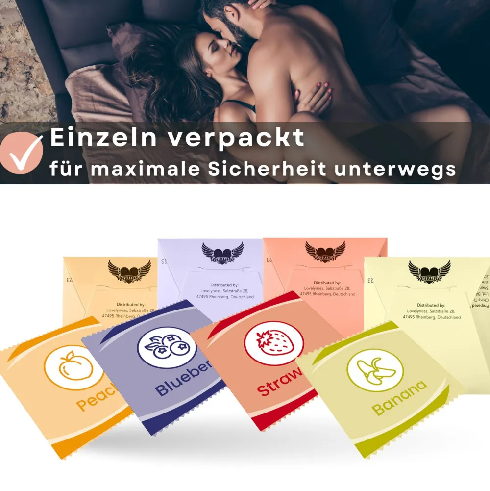 Kondome mit Geschmack Erdbeere, Banane, Pfirsich, Blaubeere -|LOVELYNESS Discount