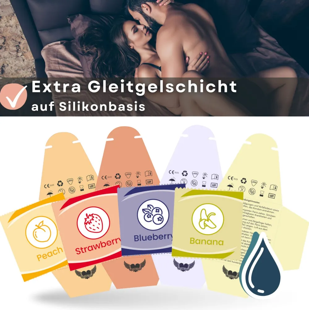 Kondome mit Geschmack Erdbeere, Banane, Pfirsich, Blaubeere -|LOVELYNESS Discount