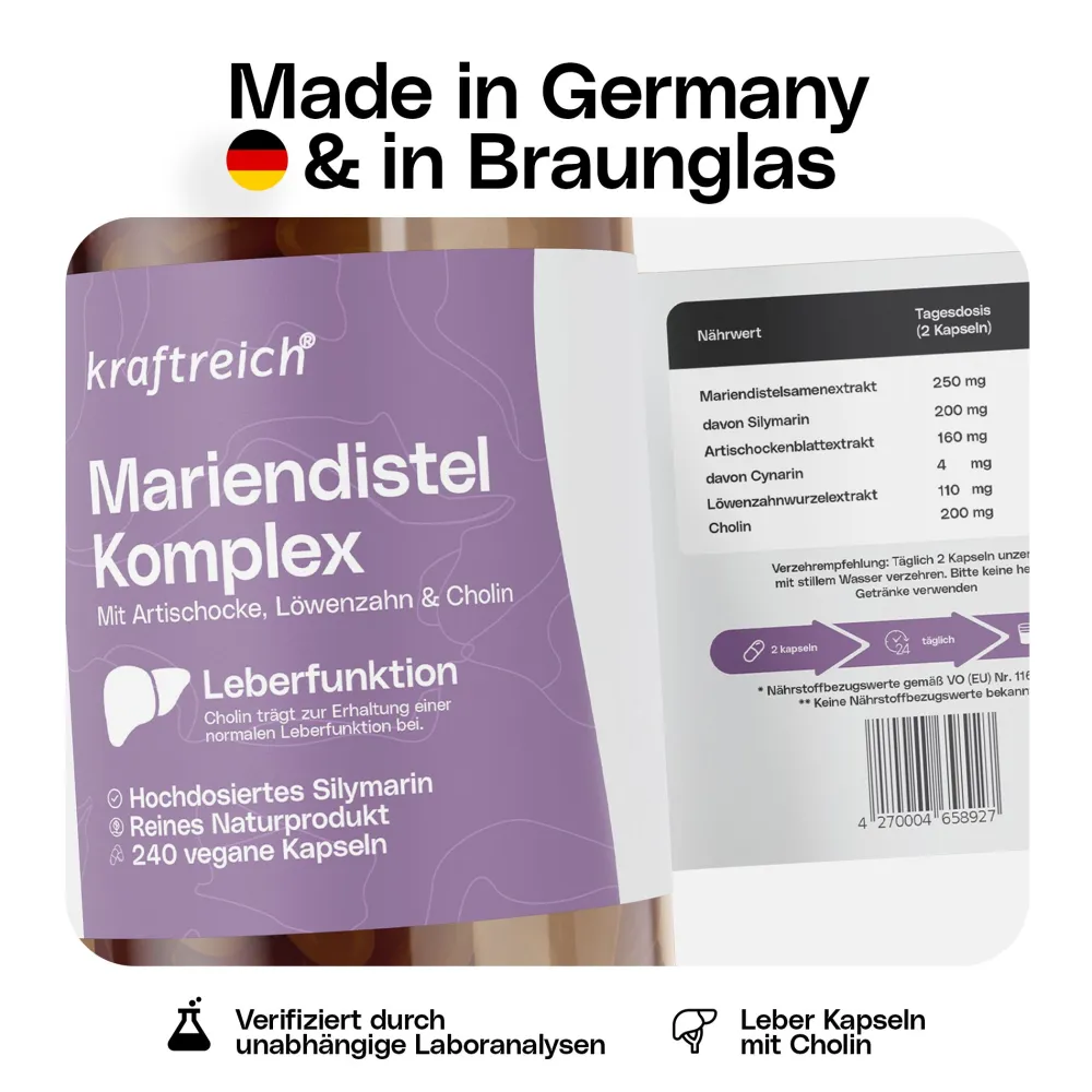 kraftreich® LEBER KOMPLEX mit Mariendistel, Artischocke, Löwenzahn & Cholin - 240 Kapseln| Hot