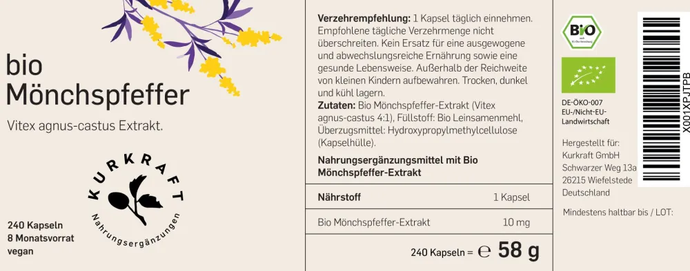 © Bio Mönchspfeffer – 10 mg Vitex-agnus-castus-Extrakt – 240 Kapseln – 8 Monate>KURKRAFT Discount