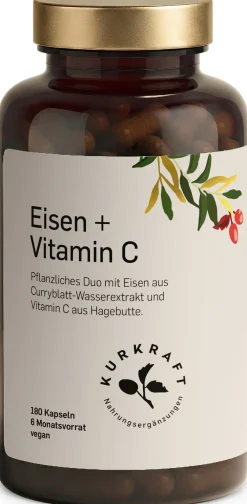© Eisen + Vitamin C – Curryblatt & Hagebutte – 14 mg Eisen – 180 Kapseln – vegan>KURKRAFT Hot