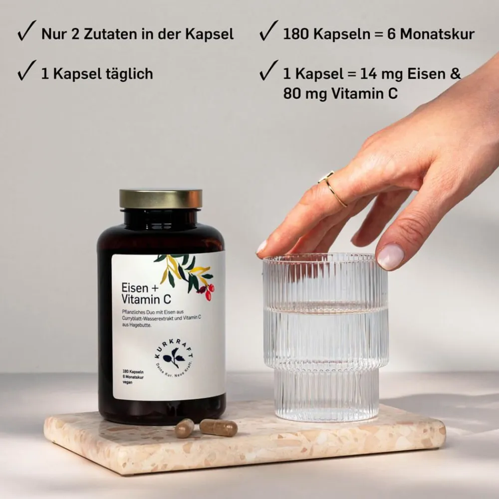 © Eisen + Vitamin C – Curryblatt & Hagebutte – 14 mg Eisen – 180 Kapseln – vegan>KURKRAFT Hot