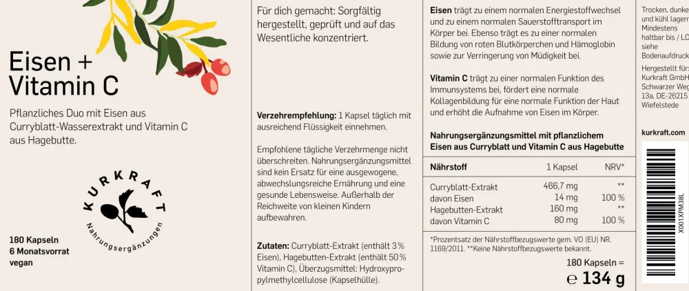 © Eisen + Vitamin C – Curryblatt & Hagebutte – 14 mg Eisen – 180 Kapseln – vegan>KURKRAFT Hot