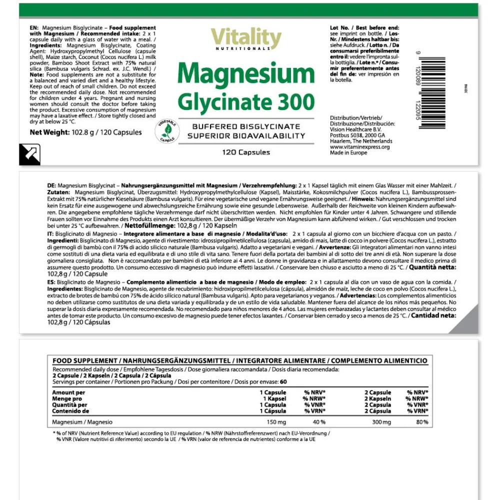 Magnesium Glycinat 300 von Vitality Nutritionals| Hot
