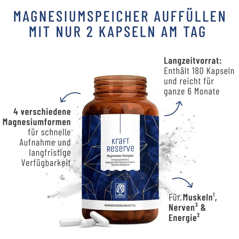 Magnesium Komplex 180 vegane Kapseln hochdosiert 400 mg Bisglycinat Kraftreserve ®>NATURTREU Hot