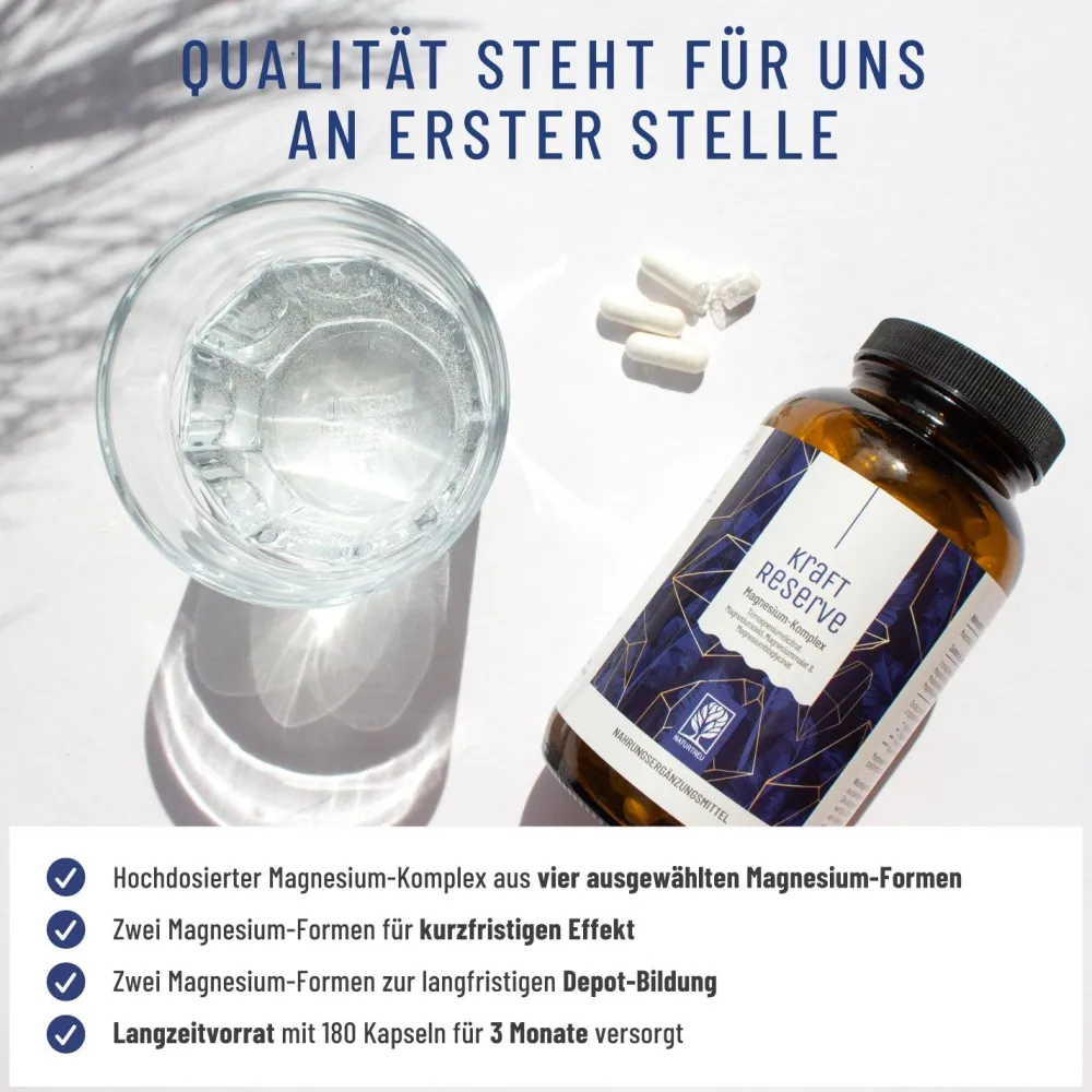 Magnesium Komplex 180 vegane Kapseln hochdosiert 400 mg Bisglycinat Kraftreserve ®>NATURTREU Hot