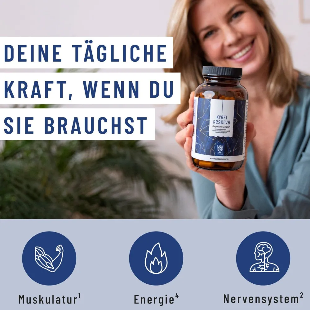 Magnesium Komplex 180 vegane Kapseln hochdosiert 400 mg Bisglycinat Kraftreserve ®>NATURTREU Hot