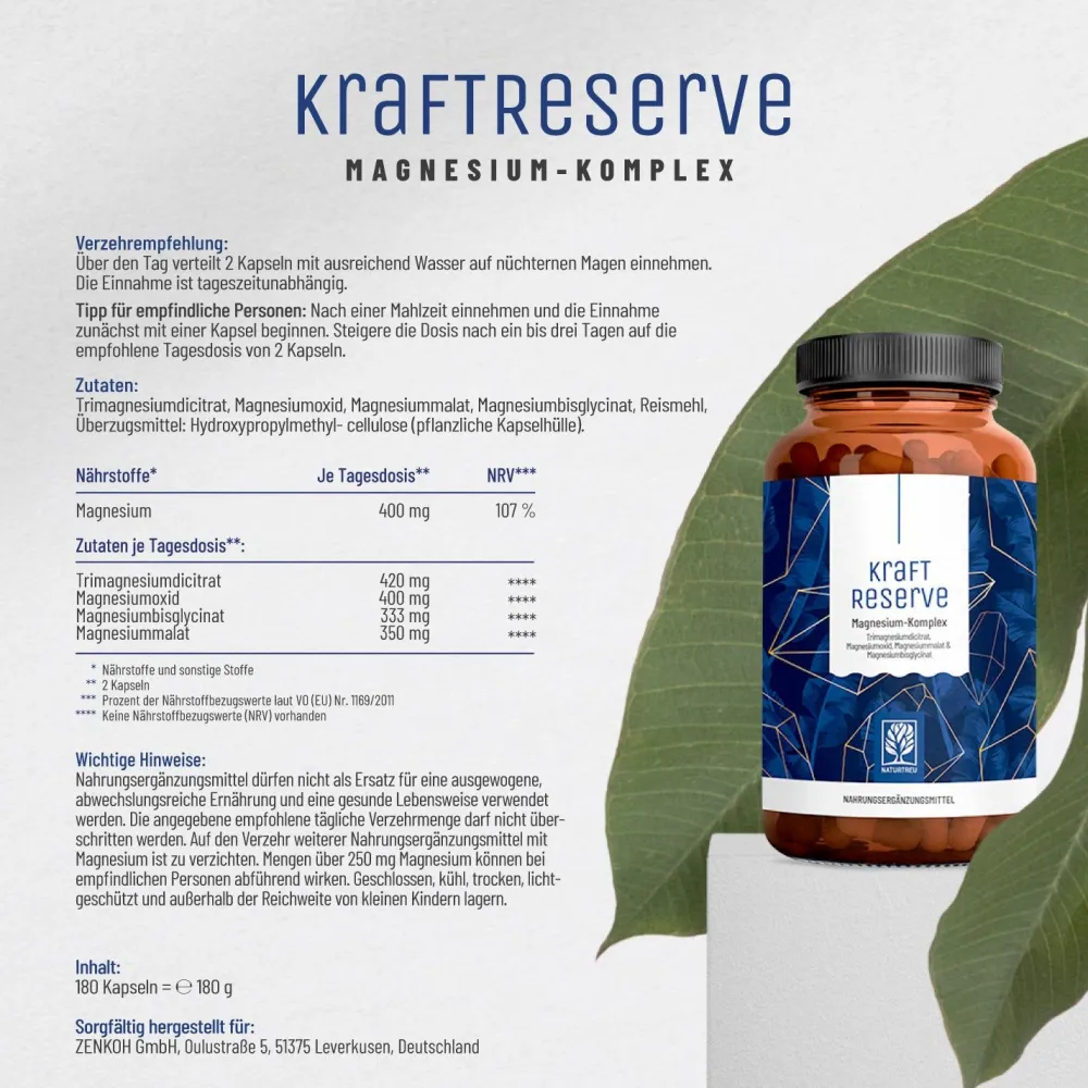 Magnesium Komplex 180 vegane Kapseln hochdosiert 400 mg Bisglycinat Kraftreserve ®>NATURTREU Hot