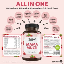 Mama Multi 3-in-1 – Vitamine mit Folsäure, Eisen, Biotin, B-Komplex, C & D für jede Phase>YesVegan Outlet