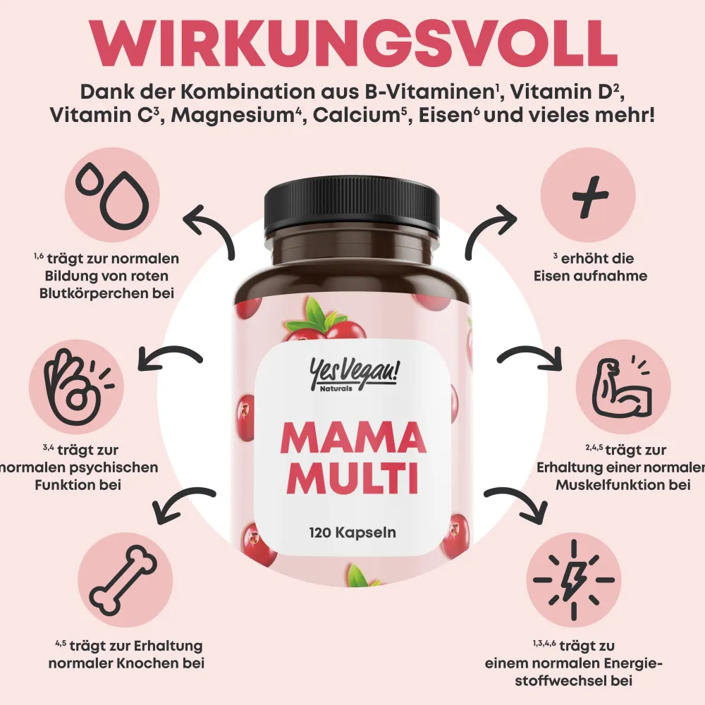 Mama Multi 3-in-1 – Vitamine mit Folsäure, Eisen, Biotin, B-Komplex, C & D für jede Phase>YesVegan Outlet
