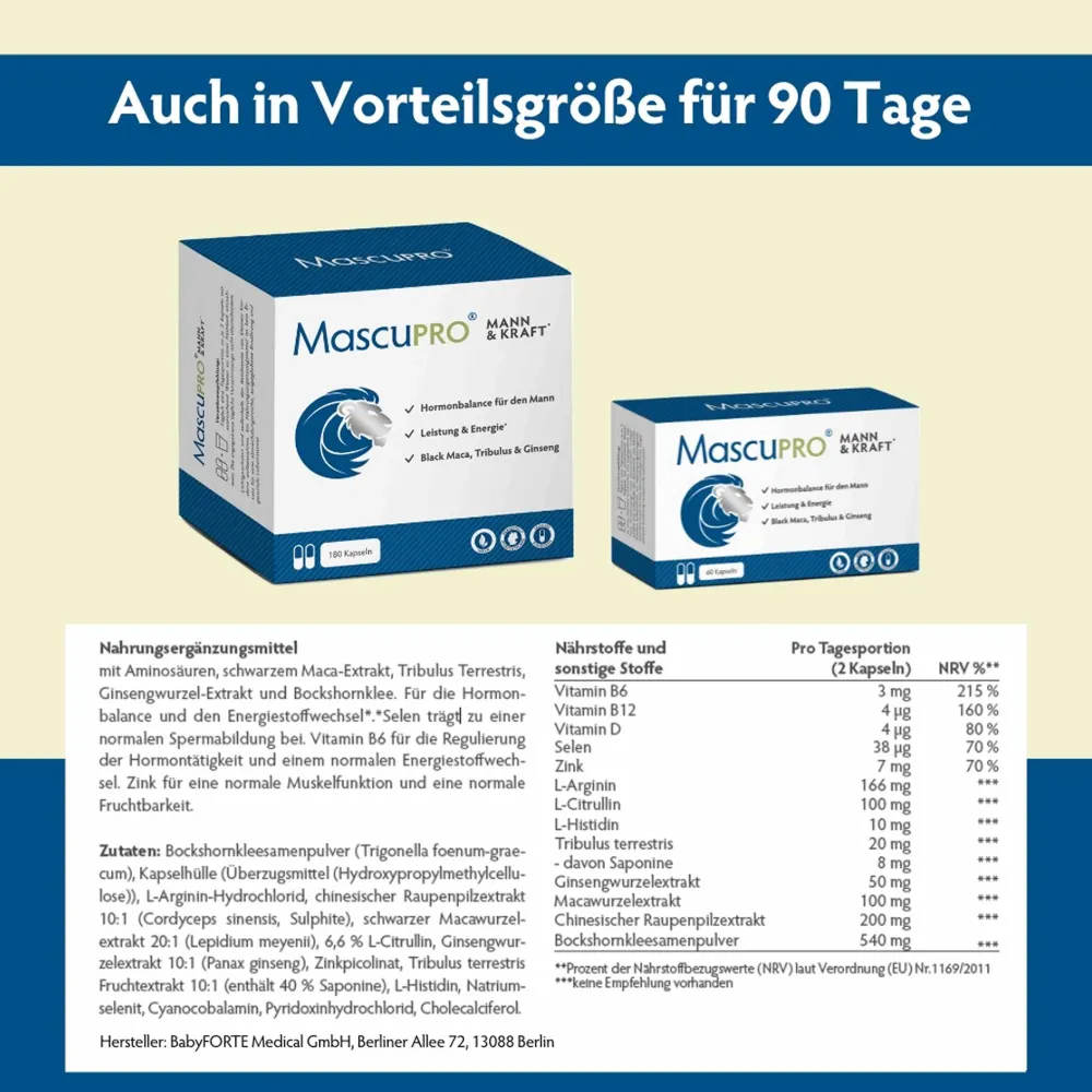 Mann & Kraft | Hormon Balance & Energie | schwarzes Maca & Aminosäuren|MASCUPRO Outlet