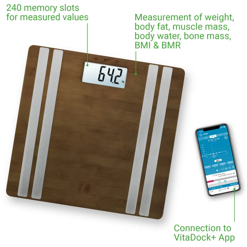 BS 552 connect Körperanalysewaage aus Bambus mit Smartphone App>Medisana Sale