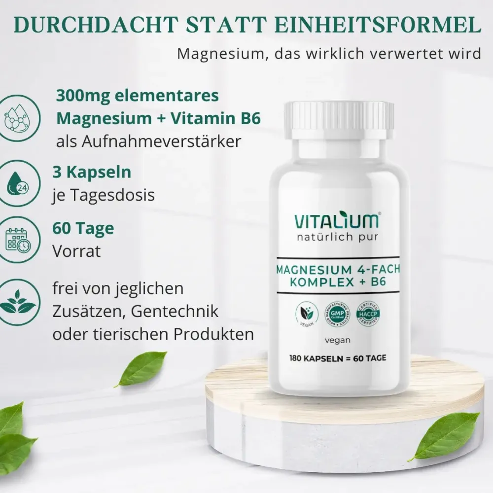 meinVitalium - Magnesium 4-fach Komplex + B6 Kapseln (ohne Oxid)| Best
