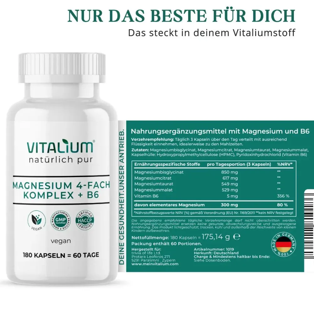 meinVitalium - Magnesium 4-fach Komplex + B6 Kapseln (ohne Oxid)| Best