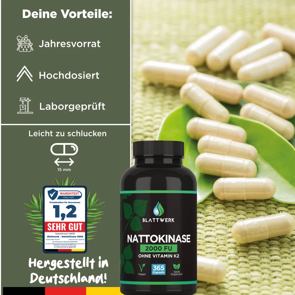 Nattokinase 2000 FU - JAHRESVORRAT - 365 Kapseln je 100mg (20.000 FU/g) - Deutsche Marke - BLATTWERK>