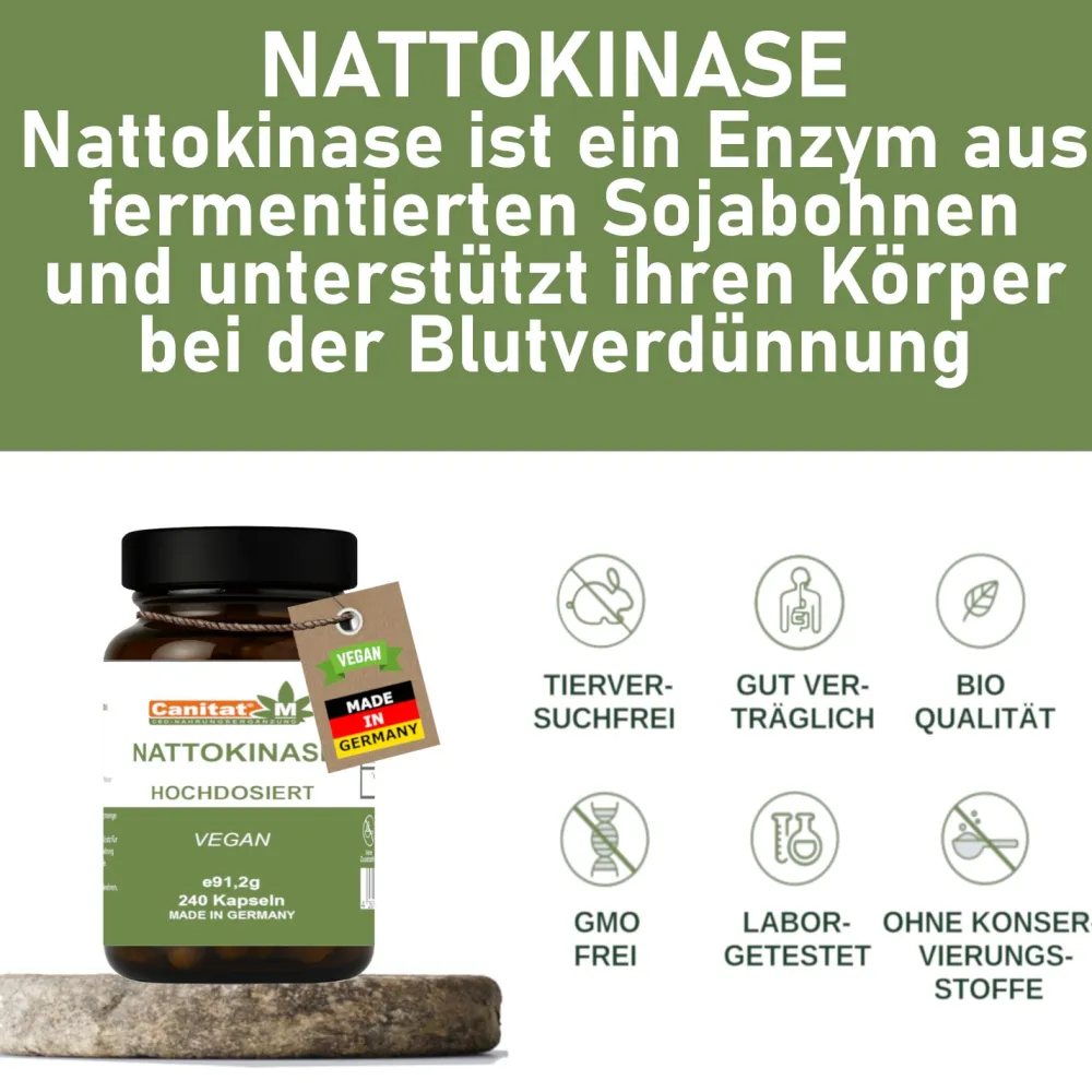 Nattokinase Hochdosiert 20.000FU/g | 240 Kapseln | 8 Monate Vorrat | Canitat M> New