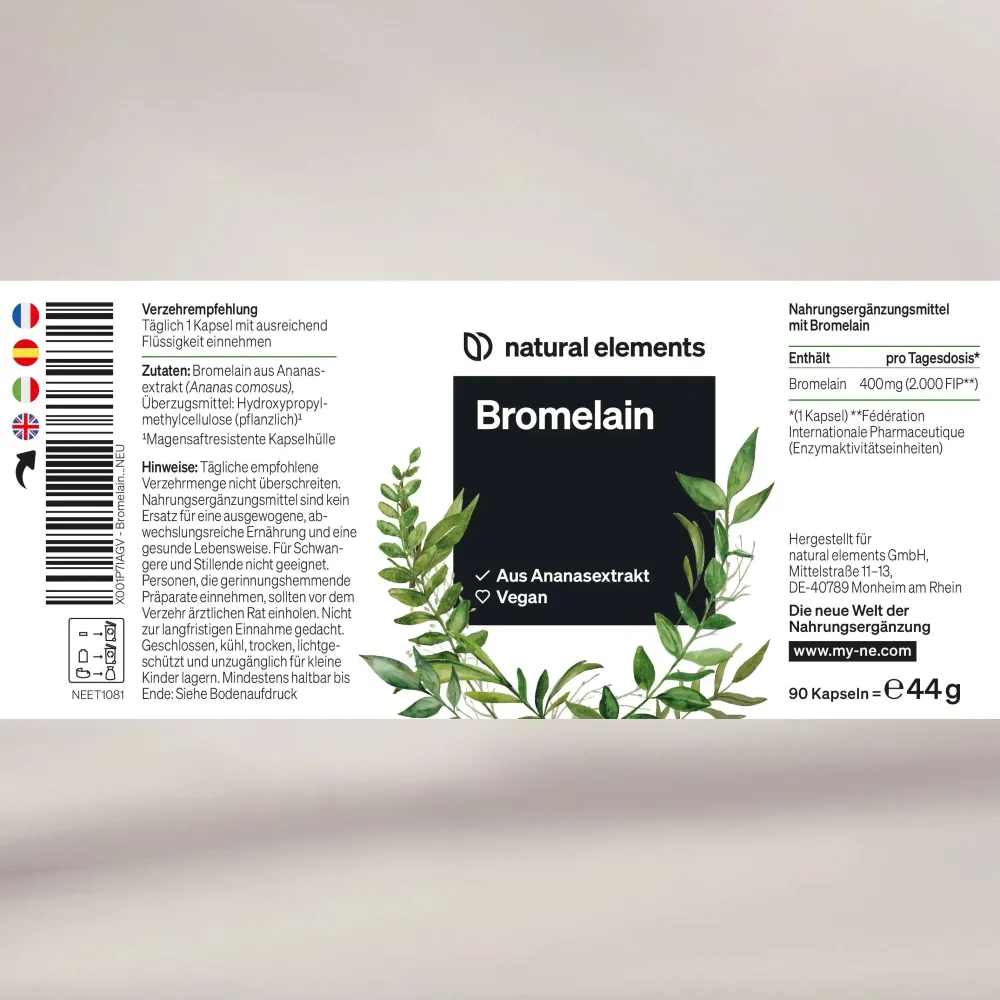 Bromelain – 400 mg (2000 F.I.P) – 90 magensaftresistente Kapseln – Ananas Extrakt>natural elements Best