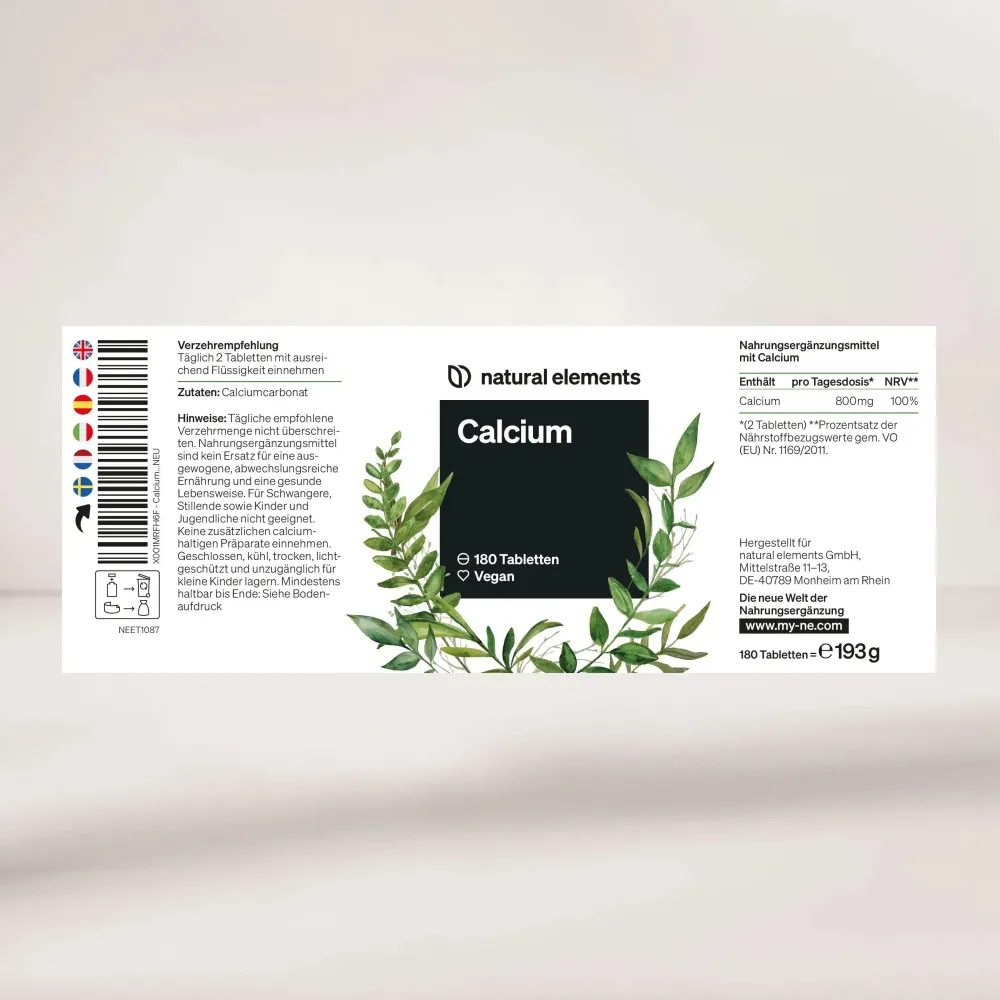 Calcium Tabletten – 800 mg Kalzium aus Calciumcarbonat/Tagesdosis – 180 Tabletten|natural elements New
