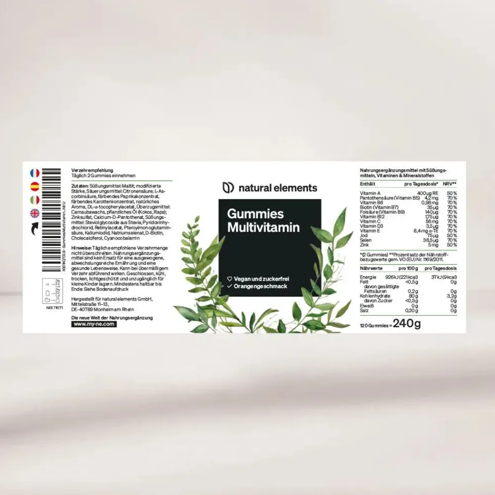 Gummies Multivitamin – 120 Stück – mit 12 Vitaminen, Biotin, Folsäure, Zink & mehr>natural elements Best