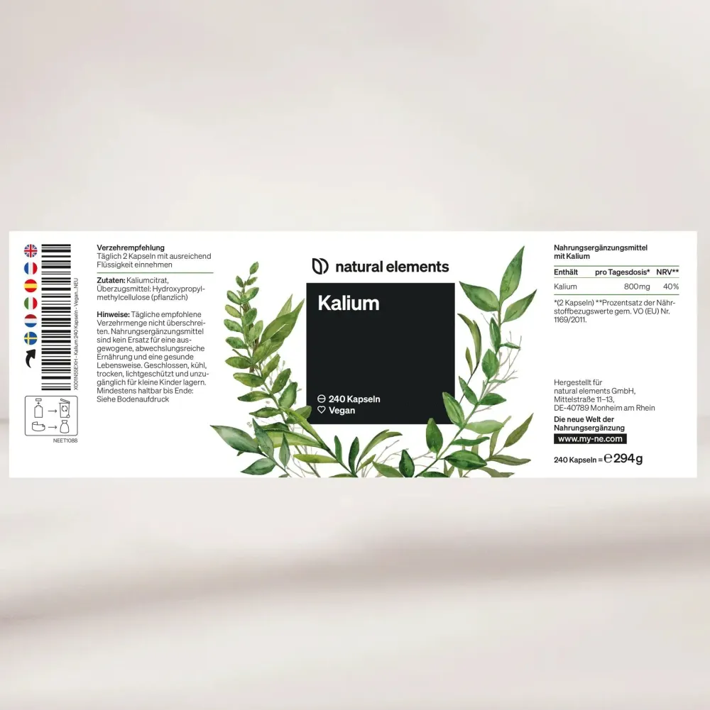 Kalium – 240 Kapseln 800 mg Kalium aus Kaliumcitrat/Tagesdosis – für Blutdruck>natural elements New