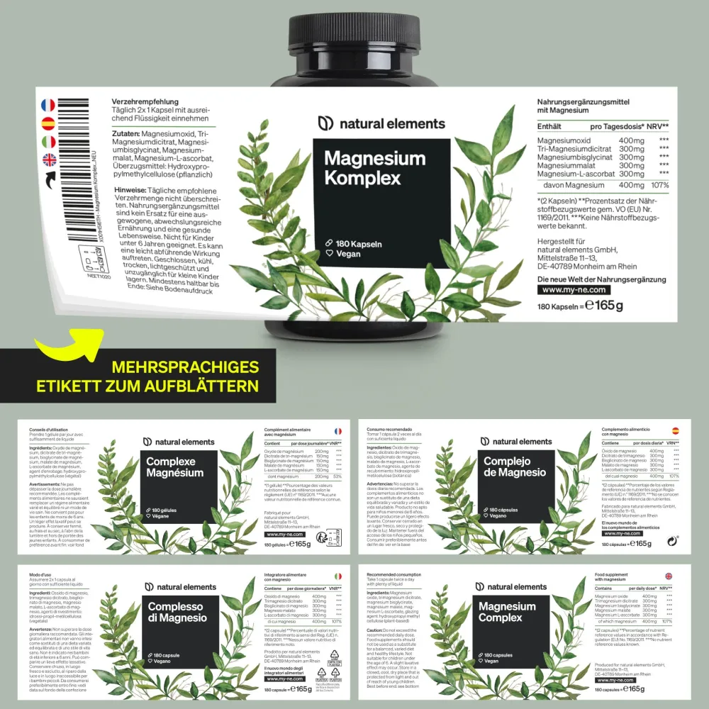 Magnesium Komplex – 5 hochwertige Verbindungen – 400mg elementares Magnesium/Tag|natural elements Online