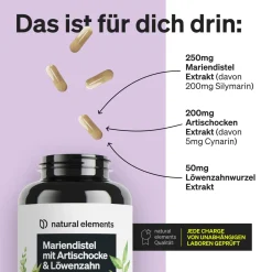 Mariendistel Artischocke Löwenzahn Komplex - 120 Kapseln - mit 80% Silymarin|natural elements Online