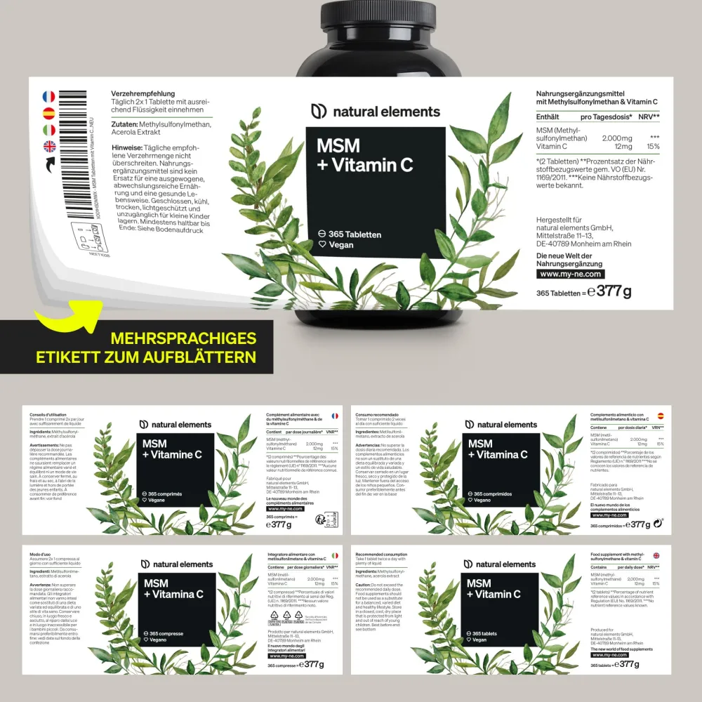 MSM 2000mg + natürliches Vitamin C – 365 Tabletten – Methylsulfonylmethan>natural elements