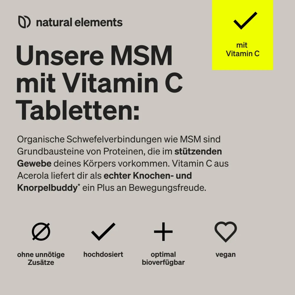 MSM 2000mg + natürliches Vitamin C – 365 Tabletten – Methylsulfonylmethan>natural elements