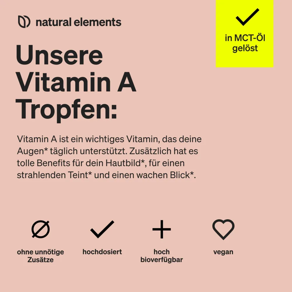Vitamin A Tropfen – 50 ml – Vitamin A (Retinylpalmitat) in MCT-Kokosöl gelöst|natural elements New