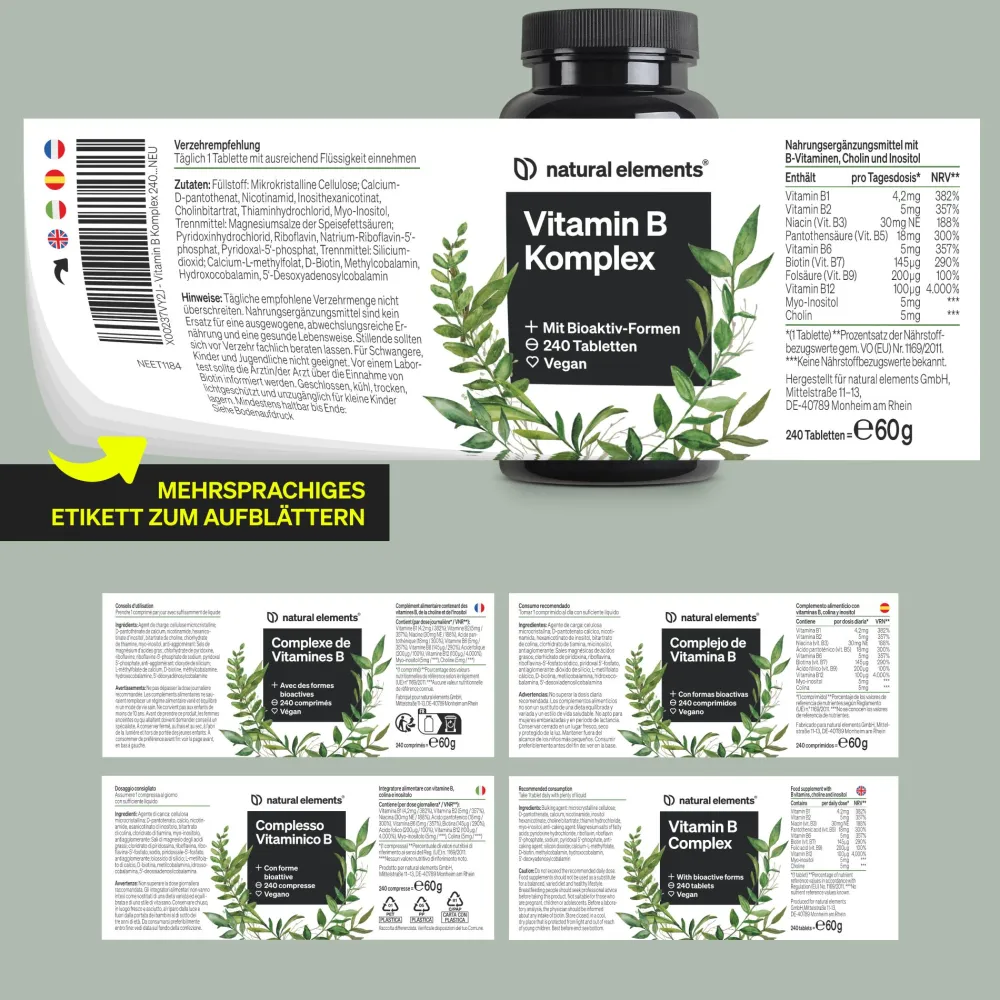 Vitamin B Komplex – 240 Tabletten – mit 8 essenziellen B-Vitaminen & Kofaktoren|natural elements Online