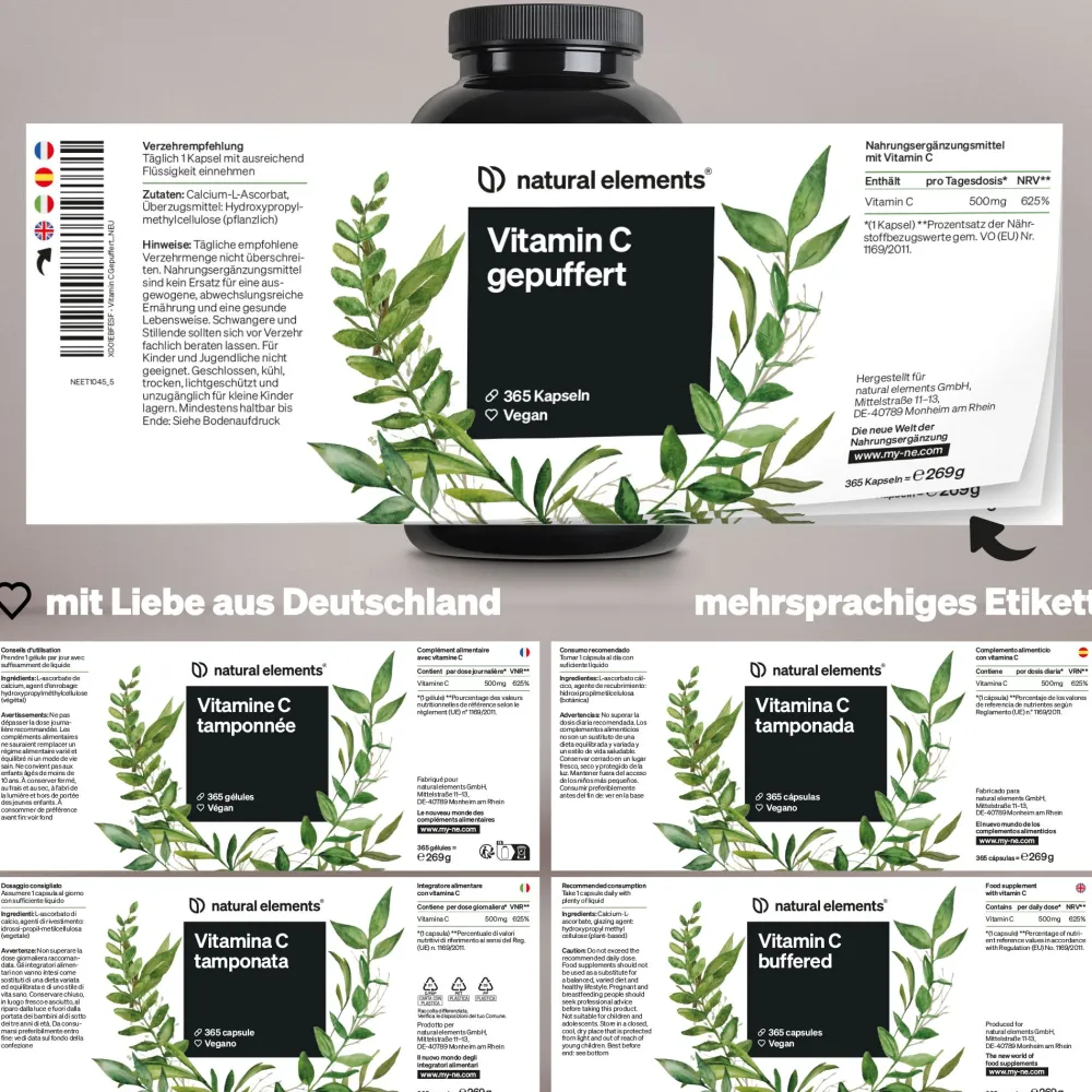 Vitamin C gepuffert 500mg – 365 Kapseln – magenschonend – pflanzliche Fermentation|natural elements Sale