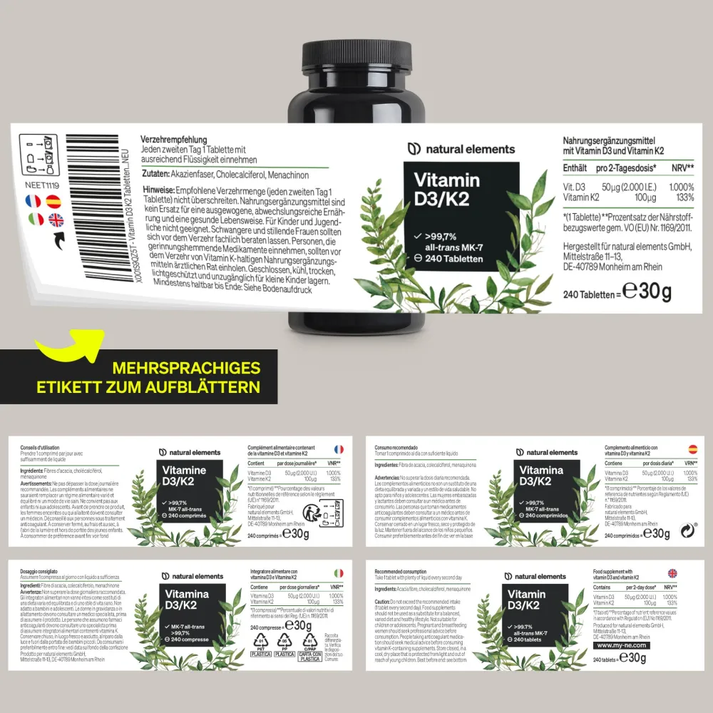 Vitamin D3 + K2 – > 99,7% all-trans MK-7 & 2000 IE Vitamin D3 – 240 Tabletten|natural elements Discount