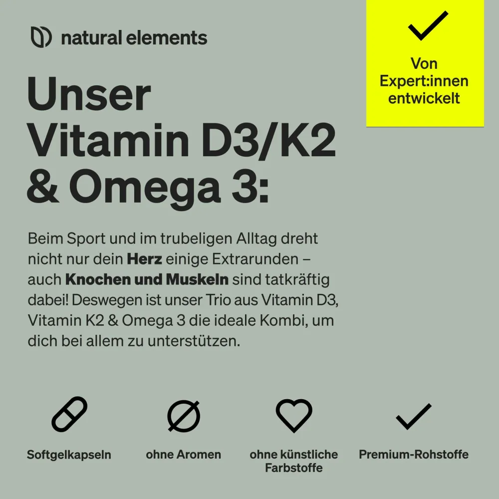 Vitamin D3/K2 + Omega 3 – Premium K2VITAL® 99,7+% All-Trans, Omega 3 Triglycerid|natural elements New