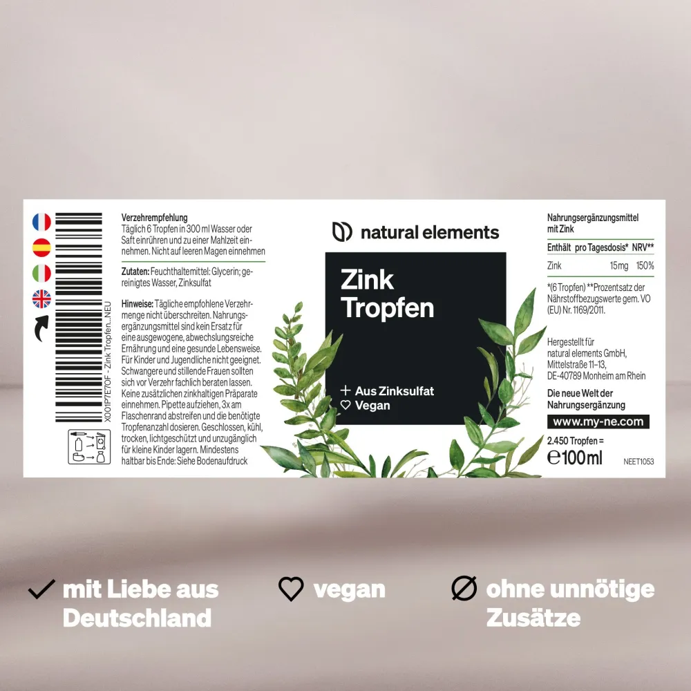 Zink Tropfen – 100ml – 15mg/Tagesdosis – Ionisches Zink (Zinksulfat) – Ohne Alkohol|natural elements Hot