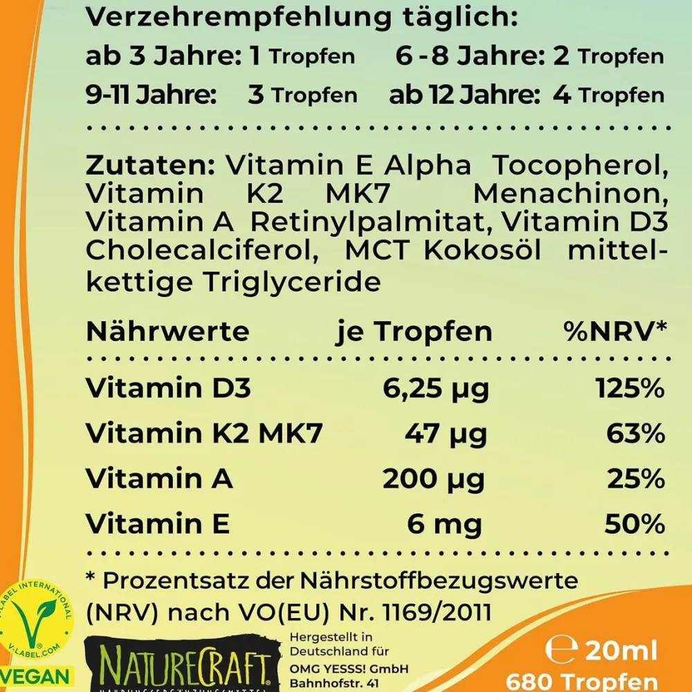 NatureCraft Vegan Vitamin D3+K2 Tropfen KIDS| Outlet