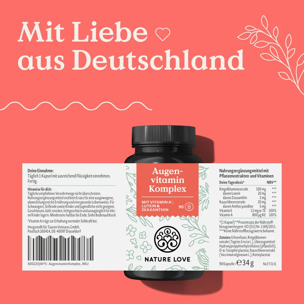 NATURE LOVE® Augenvitamin Komplex - 90 Kapseln mit Vitamin A - mit Lutein, Zeaxanthin und Vitamin E| Clearance