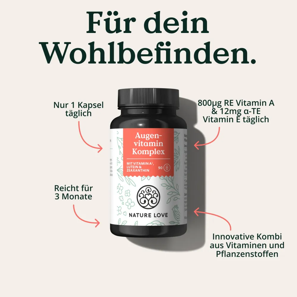 NATURE LOVE® Augenvitamin Komplex - 90 Kapseln mit Vitamin A - mit Lutein, Zeaxanthin und Vitamin E| Clearance