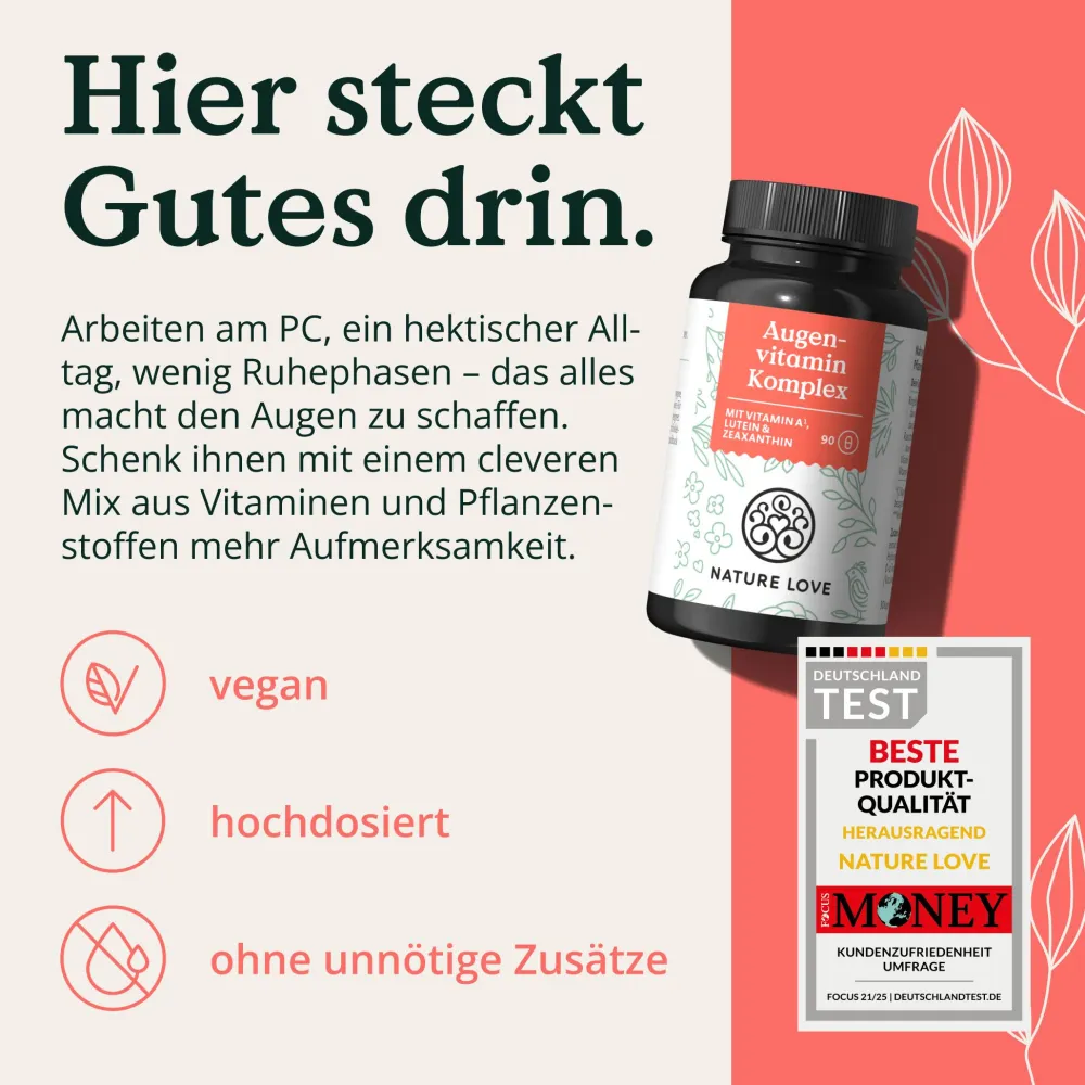 NATURE LOVE® Augenvitamin Komplex - 90 Kapseln mit Vitamin A - mit Lutein, Zeaxanthin und Vitamin E| Clearance
