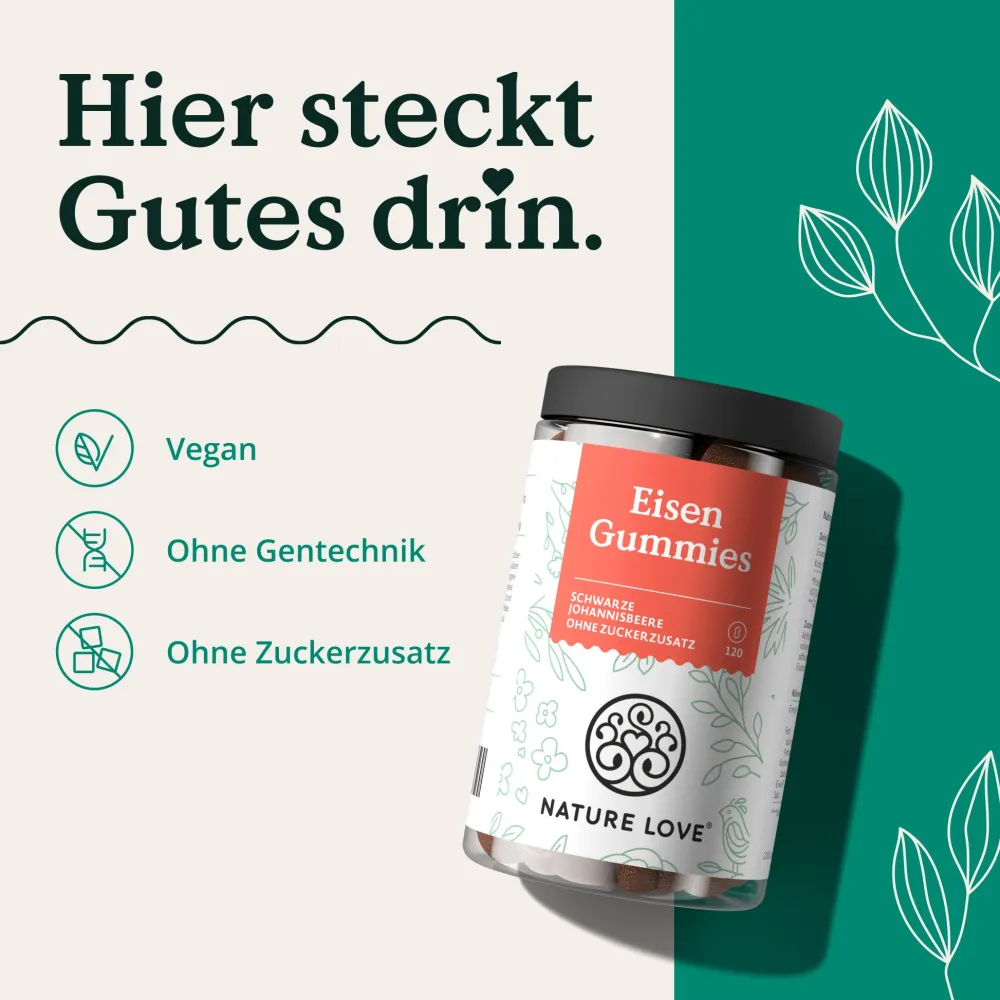 ® Eisen Gummies – 120 Stück – ohne Zuckerzusatz, 96,5% Fruchtanteil>NATURE LOVE Best